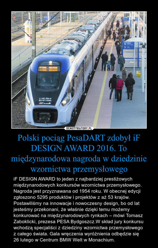 Polski pociąg PesaDART zdobył iF DESIGN AWARD 2016. To międzynarodowa nagroda w dziedzinie wzornictwa przemysłowego