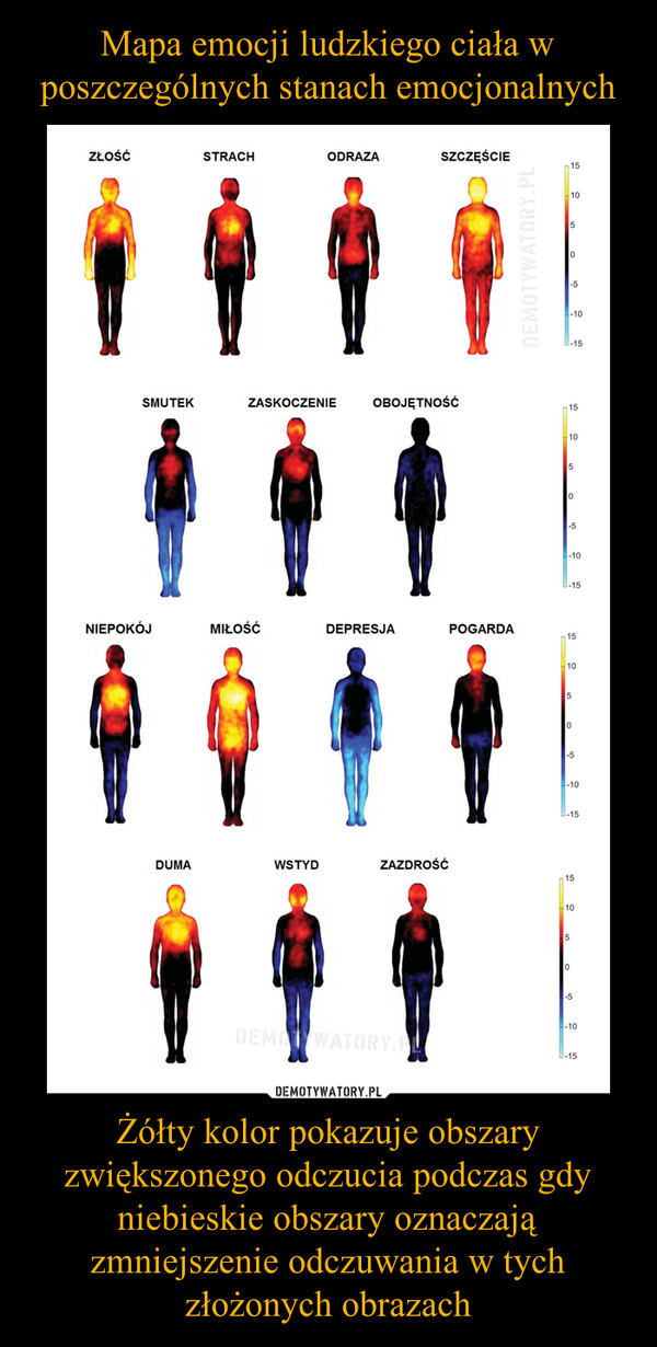 Mapa emocji ludzkiego ciała w poszczególnych stanach emocjonalnych Żółty kolor pokazuje obszary zwiększonego odczucia podczas gdy niebieskie obszary oznaczają zmniejszenie odczuwania w tych złożonych obrazach