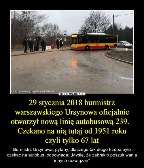 29 stycznia 2018 burmistrz warszawskiego Ursynowa oficjalnie otworzył nową linię autobusową 239.   Czekano na nią tutaj od 1951 roku
czyli tylko 67 lat