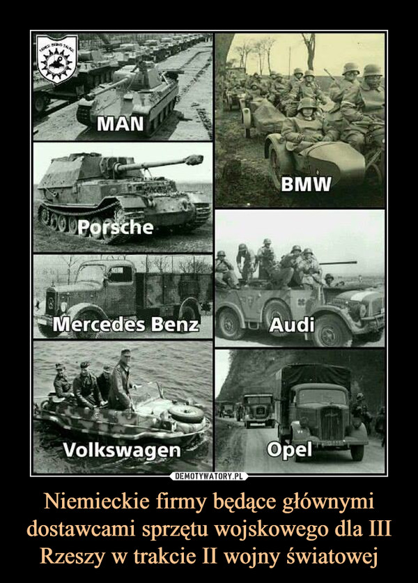 Niemieckie firmy będące głównymi dostawcami sprzętu wojskowego dla III Rzeszy w trakcie II wojny światowej –  man bmw porsche audi opel volkswagen mercedes benz