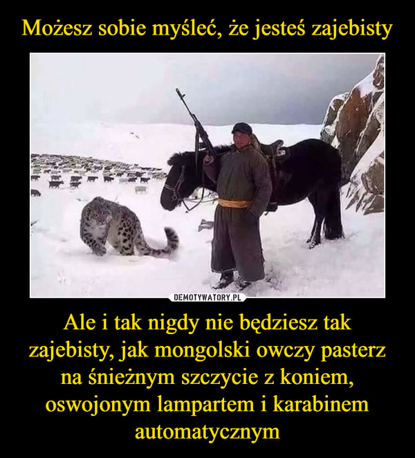 Możesz sobie myśleć, że jesteś zajebisty Ale i tak nigdy nie będziesz tak zajebisty, jak mongolski owczy pasterz na śnieżnym szczycie z koniem, oswojonym lampartem i karabinem automatycznym
