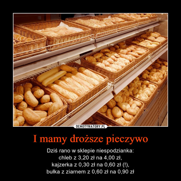 I mamy droższe pieczywo – Dziś rano w sklepie niespodzianka:chleb z 3,20 zł na 4,00 zł,kajzerka z 0,30 zł na 0,60 zł (!),bułka z ziarnem z 0,60 zł na 0,90 zł 