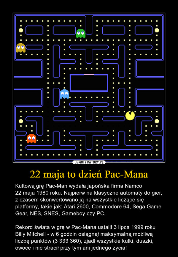 22 maja to dzień Pac-Mana – Kultową grę Pac-Man wydała japońska firma Namco 22 maja 1980 roku. Najpierw na klasyczne automaty do gier, z czasem skonwertowano ją na wszystkie liczące się platformy, takie jak: Atari 2600, Commodore 64, Sega Game Gear, NES, SNES, Gameboy czy PC. Rekord świata w grę w Pac-Mana ustalił 3 lipca 1999 roku Billy Mitchell - w 6 godzin osiągnął maksymalną możliwą liczbę punktów (3 333 360), zjadł wszystkie kulki, duszki, owoce i nie stracił przy tym ani jednego życia! 