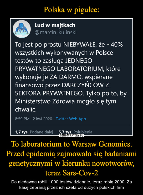 Polska w pigułce: To laboratorium to Warsaw Genomics. Przed epidemią zajmowało się badaniami genetycznymi w kierunku nowotworów, teraz Sars-Cov-2