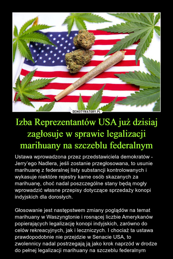 Izba Reprezentantów USA już dzisiaj zagłosuje w sprawie legalizacji marihuany na szczeblu federalnym – Ustawa wprowadzona przez przedstawiciela demokratów - Jerry’ego Nadlera, jeśli zostanie przegłosowana, to usunie marihuanę z federalnej listy substancji kontrolowanych i wykasuje niektóre rejestry karne osób skazanych za marihuanę, choć nadal poszczególne stany będą mogły wprowadzić własne przepisy dotyczące sprzedaży konopi indyjskich dla dorosłych.Głosowanie jest następstwem zmiany poglądów na temat marihuany w Waszyngtonie i rosnącej liczbie Amerykanów popierających legalizację konopi indyjskich, zarówno do celów rekreacyjnych, jak i leczniczych. I chociaż ta ustawa prawdopodobnie nie przejdzie w Senacie USA, to zwolennicy nadal postrzegają ją jako krok naprzód w drodze do pełnej legalizacji marihuany na szczeblu federalnym 