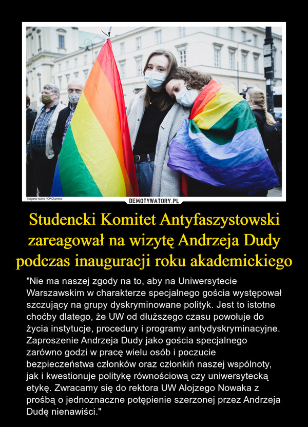 Studencki Komitet Antyfaszystowski zareagował na wizytę Andrzeja Dudy podczas inauguracji roku akademickiego