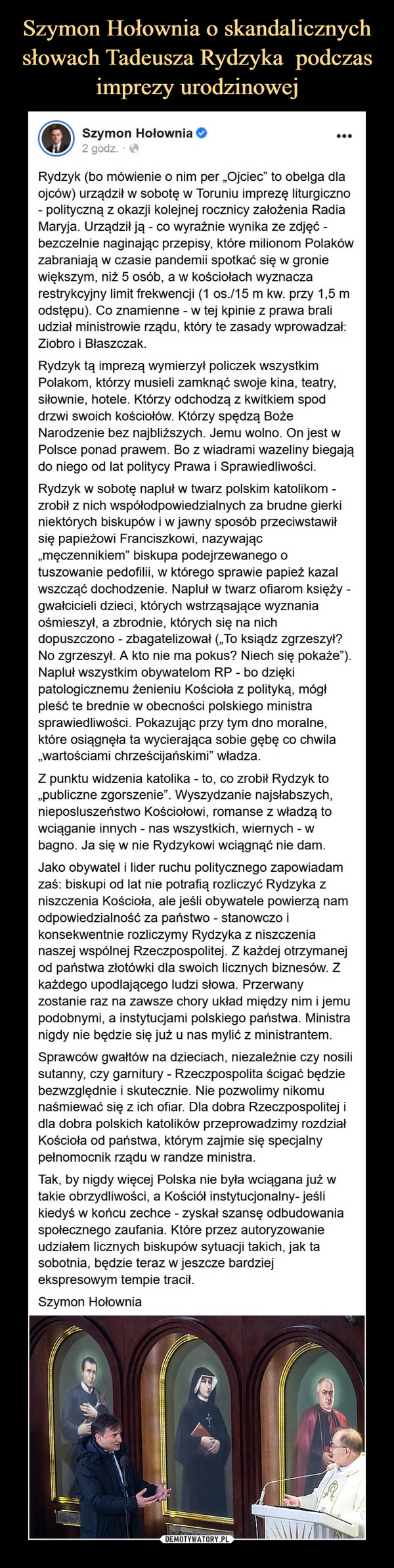 Szymon Hołownia o skandalicznych słowach Tadeusza Rydzyka  podczas imprezy urodzinowej