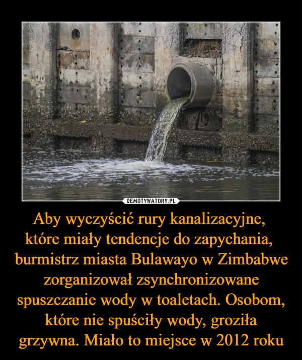 Aby wyczyścić rury kanalizacyjne, 
które miały tendencje do zapychania, 
burmistrz miasta Bulawayo w Zimbabwe zorganizował zsynchronizowane spuszczanie wody w toaletach. Osobom, które nie spuściły wody, groziła grzywna. Miało to miejsce w 2012 roku