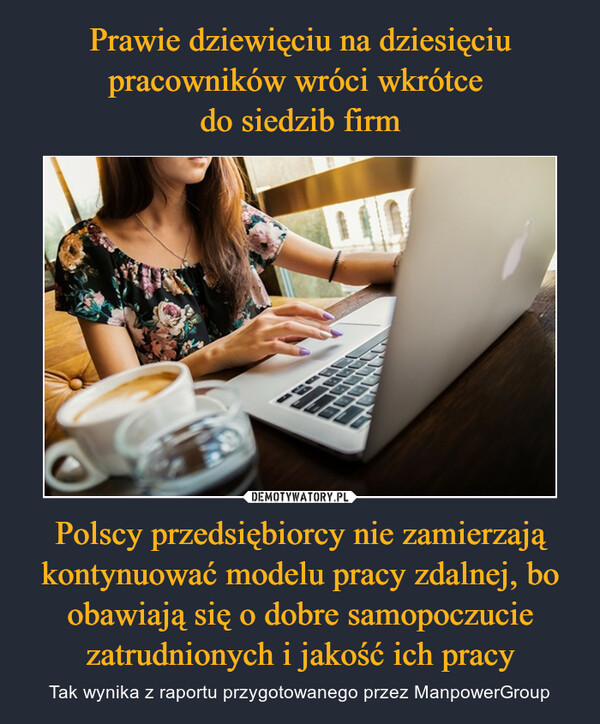 Prawie dziewięciu na dziesięciu pracowników wróci wkrótce 
do siedzib firm Polscy przedsiębiorcy nie zamierzają kontynuować modelu pracy zdalnej, bo obawiają się o dobre samopoczucie zatrudnionych i jakość ich pracy