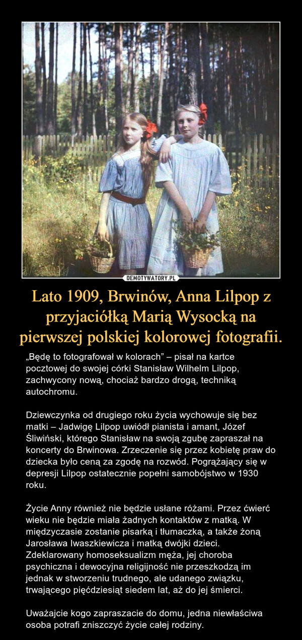 Lato 1909, Brwinów, Anna Lilpop z przyjaciółką Marią Wysocką na pierwszej polskiej kolorowej fotografii.