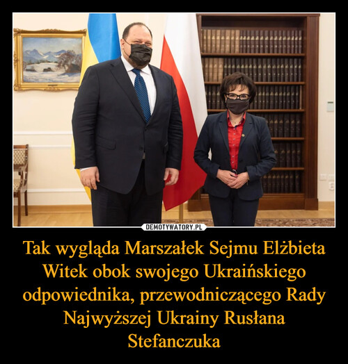Tak wygląda Marszałek Sejmu Elżbieta Witek obok swojego Ukraińskiego odpowiednika, przewodniczącego Rady Najwyższej Ukrainy Rusłana Stefanczuka