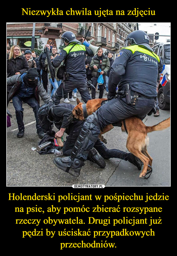 Holenderski policjant w pośpiechu jedzie na psie, aby pomóc zbierać rozsypane rzeczy obywatela. Drugi policjant już pędzi by uściskać przypadkowych przechodniów. –  