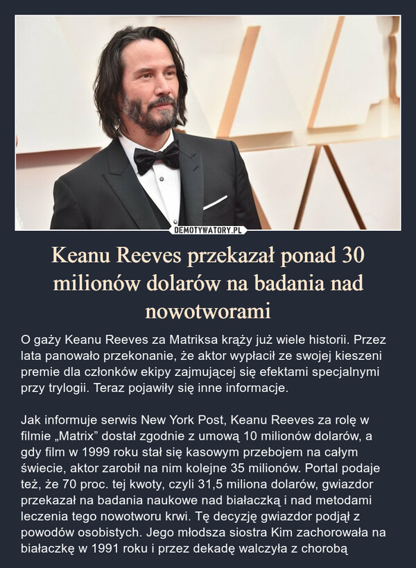 Keanu Reeves przekazał ponad 30 milionów dolarów na badania nad nowotworami