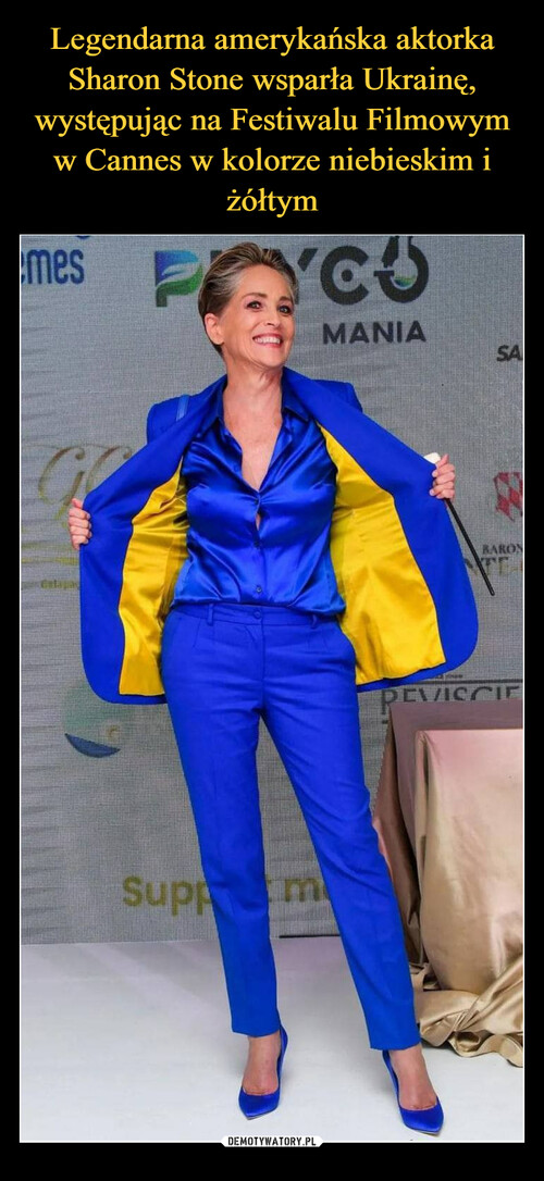 Legendarna amerykańska aktorka Sharon Stone wsparła Ukrainę, występując na Festiwalu Filmowym w Cannes w kolorze niebieskim i żółtym