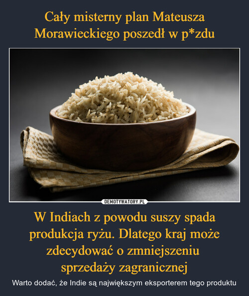 Cały misterny plan Mateusza Morawieckiego poszedł w p*zdu W Indiach z powodu suszy spada produkcja ryżu. Dlatego kraj może zdecydować o zmniejszeniu 
sprzedaży zagranicznej
