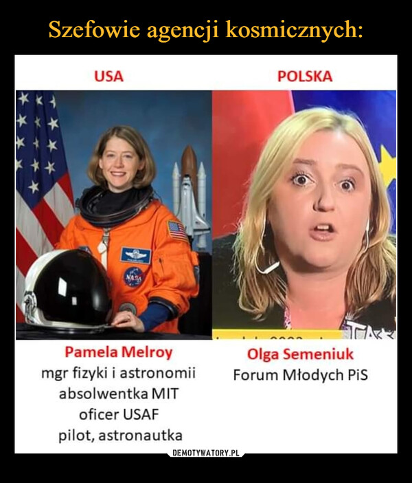  –  USA POLSKA Pamela Melroy mgr fizyki i astronomii absolwentka MIT oficer USAF pilot, astronautka Olga Semeniuk Forum Młodych PIS