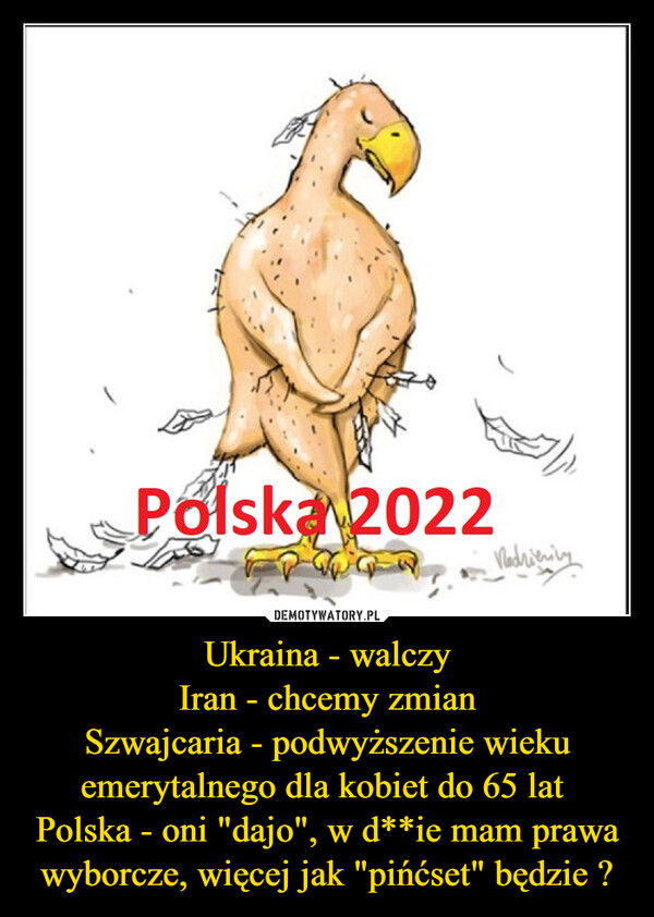 Ukraina - walczyIran - chcemy zmianSzwajcaria - podwyższenie wieku emerytalnego dla kobiet do 65 lat Polska - oni "dajo", w d**ie mam prawa wyborcze, więcej jak "pińćset" będzie ? –  