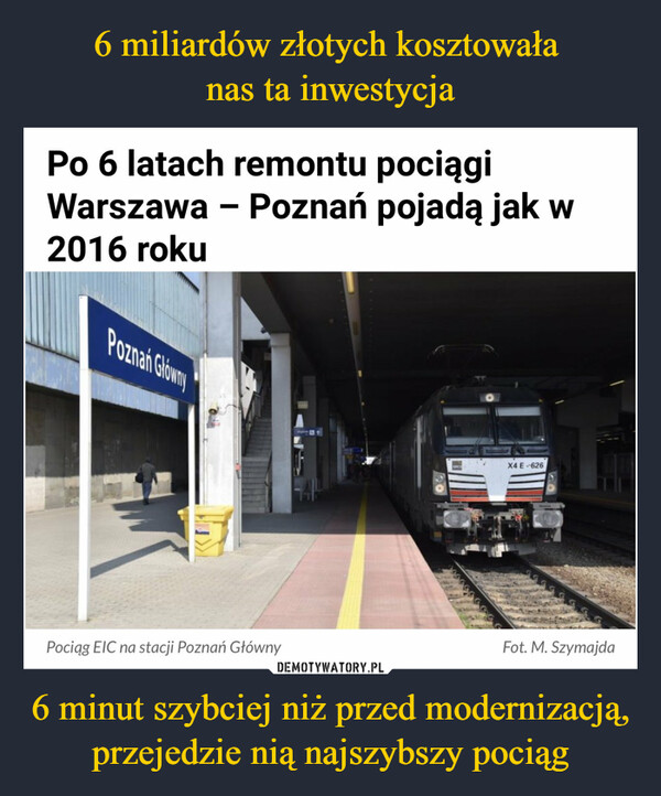 6 minut szybciej niż przed modernizacją, przejedzie nią najszybszy pociąg –  Po 6 latach remontu pociągiWarszawa - Poznań pojadą jak w2016 rokuMichał SzymajdaPoznań Główny12.04.2023Pociąg EIC na stacji Poznań Główny8,4kX4 E-626Fot. M. Szymajda