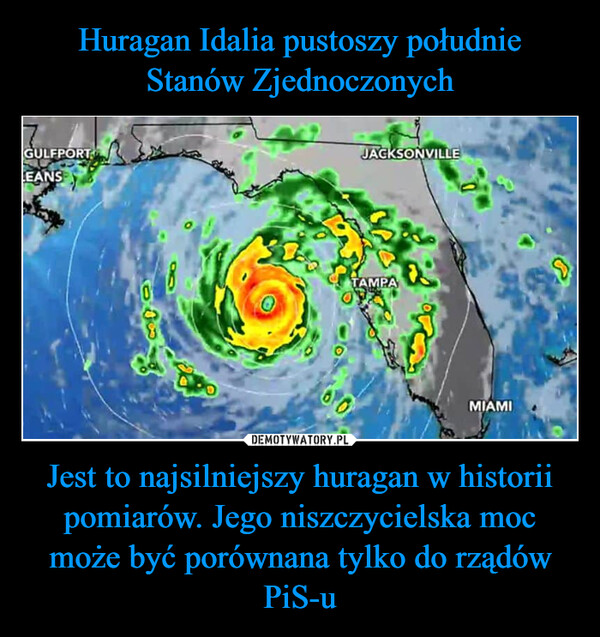 Jest to najsilniejszy huragan w historii pomiarów. Jego niszczycielska moc może być porównana tylko do rządów PiS-u –  GULFPORTLEANS8JACKSONVILLETAMPA60MIAMI2
